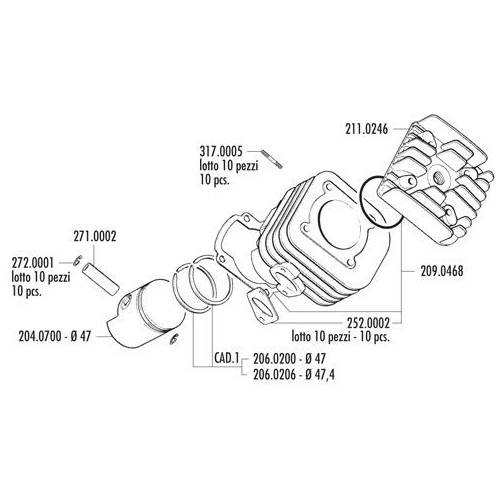 125.0008 KIT GRUPPO TERMICO KYMCO SUPER 8 50 2T ARIA D.47 | POLINI