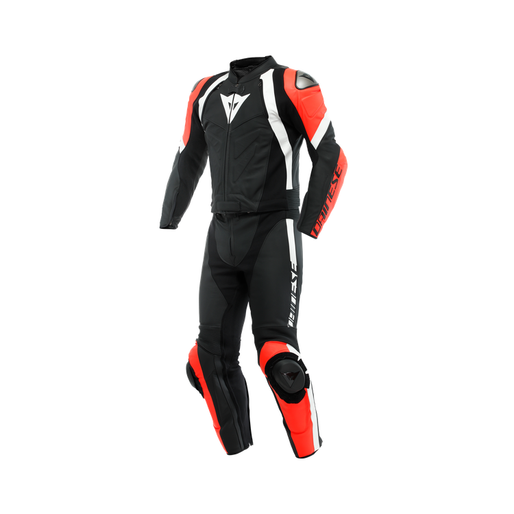 TUTA AVRO 4 PELLE 2PCS  BLACK-MATT FLUO-RED WHITE MAN | DAINESE