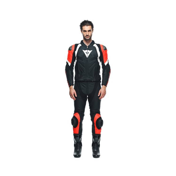 TUTA AVRO 4 PELLE 2PCS  BLACK-MATT FLUO-RED WHITE MAN | DAINESE