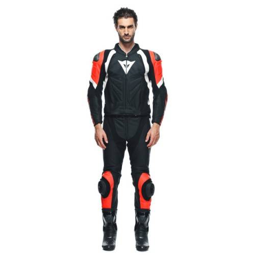 TUTA AVRO 4 PELLE 2PCS  BLACK-MATT FLUO-RED WHITE MAN | DAINESE