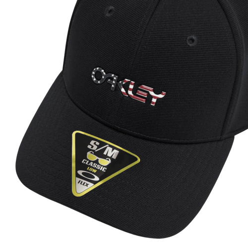 OAKLEY 6 PANEL STRETCH METALLIC HAT L/XL BLACK/AMERICAN FLAG