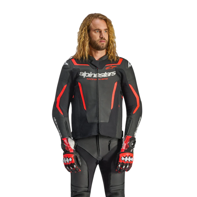 GIACCA MOTO ALPINESTARS GP FORCE V2 LEATHER JACKET BLACK RED FLUO | ALPINESTARS