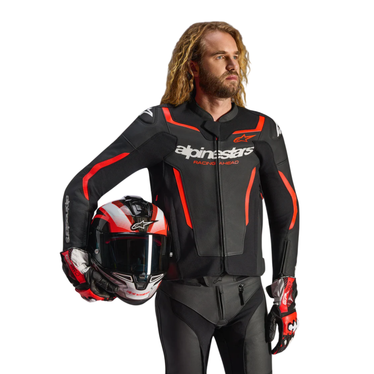 GIACCA MOTO ALPINESTARS GP FORCE V2 LEATHER JACKET BLACK RED FLUO | ALPINESTARS